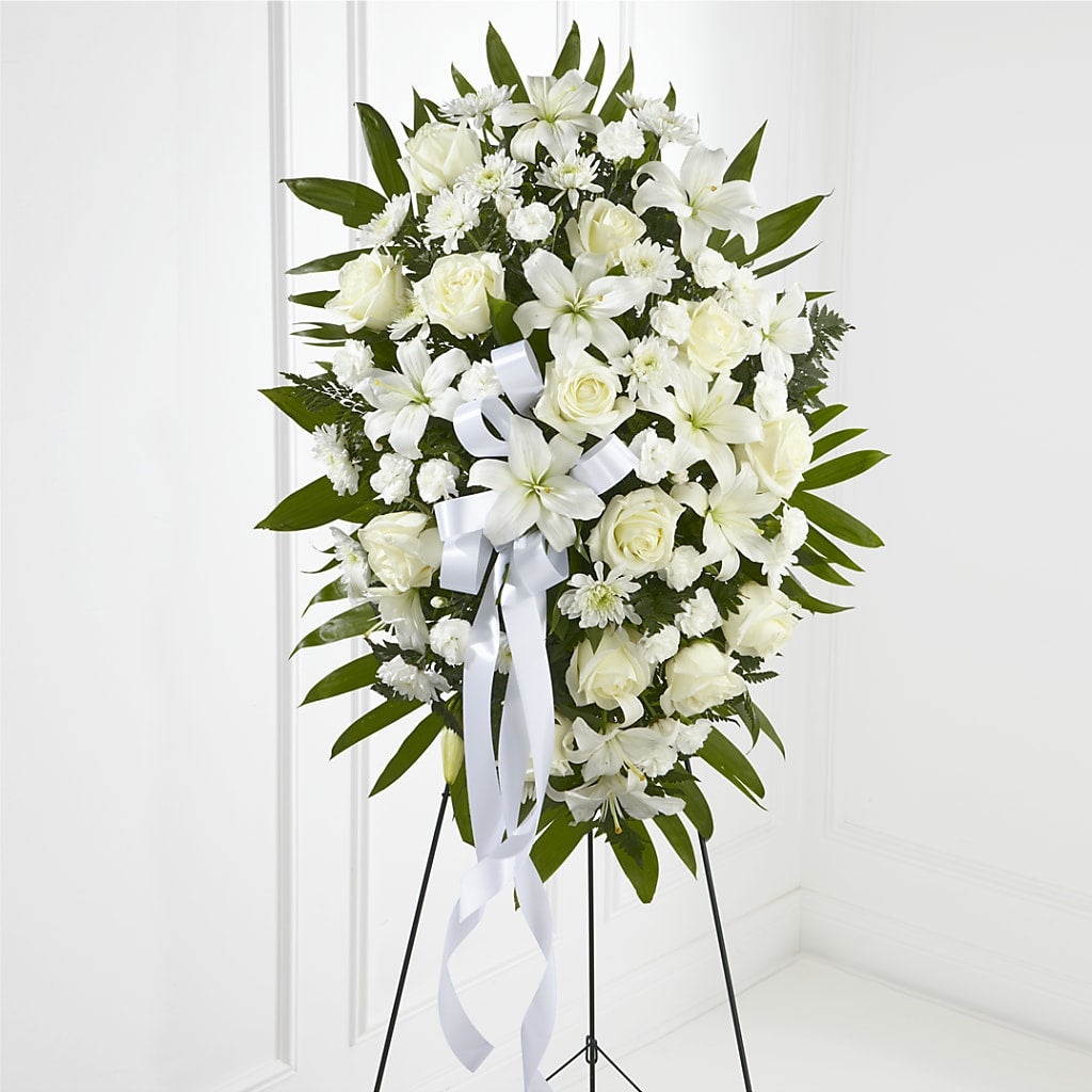 Exquisite Tribute Standing Spray-White Ribbon – WATSON'S FLOWERS AND GIFTS, West Helena AR